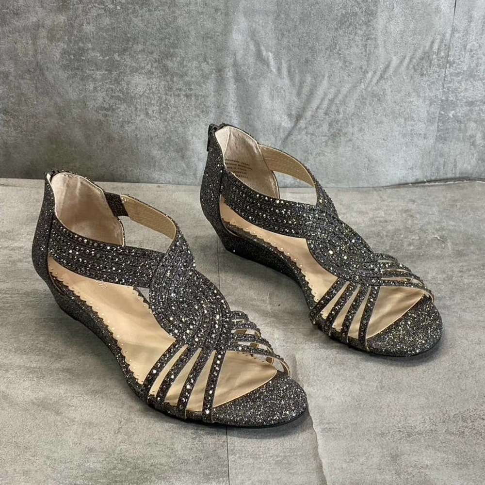 CHARTER CLUB Women's Pewter Glitter Rhinestone Ginifur Wedge Sandals SZ 7.5